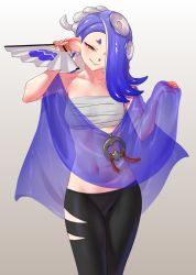 Rule 34 | 1girl, blue hair, breasts, cephalopod eyes, chest sarashi, cleavage, colored skin, earrings, eyeliner, folded fan, folding fan, gradient background, gradient skin, hachimaki, hand fan, hand up, headband, highres, holding, holding fan, horizontal pupils, jewelry, long hair, makeup, multicolored skin, multiple earrings, nejiri hachimaki, nintendo, octoling, open mouth, pink pupils, poncho, red eyeliner, red eyes, red skin, sarashi, see-through, shiver (splatoon), smile, solo, splatoon (series), splatoon 3, suction cups, taka-michi, tentacle hair, two-tone skin, upper body