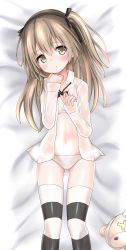 Rule 34 | 1girl, bed sheet, black bow, black bowtie, black ribbon, black thighhighs, blush, boko (girls und panzer), bow, bowtie, bra, brown eyes, collared shirt, commentary, dress shirt, from above, girls und panzer, gluteal fold, hair ribbon, head tilt, highres, langley1000, light brown hair, light frown, long hair, long sleeves, looking at viewer, loose bowtie, lying, no pants, on back, on bed, one side up, open clothes, open shirt, panties, parted lips, revision, ribbon, shimada arisu, shirt, solo, striped clothes, striped thighhighs, stuffed animal, stuffed toy, teddy bear, thighhighs, underwear, white bra, white panties, white shirt