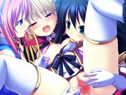 Rule 34 | 3girls, ass, black panties, black ribbon, blonde hair, breast sucking, breasts, censored, clothes lift, detached sleeves, dress, dress lift, elbow gloves, folded, game cg, gloves, groin, groping, hair between eyes, hair ornament, haruno sakura (stellula eques), himemiya hiori, invisible penis, kodama izayoi, koku, legs up, long hair, lying, magical girl, mosaic censoring, multiple girls, nipple tweak, no panties, non-web source, on back, open clothes, open dress, open mouth, panties, pink dress, pussy, pussy juice, pussy juice trail, red eyes, ribbon, saliva, saliva trail, sex, small breasts, socks, spread legs, spread pussy, stellula eques, straight hair, thighhighs, twintails, underwear, vaginal, white gloves, white thighhighs, wince