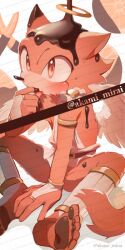 Rule 34 | 1boy, angel wings, animal ears, animal nose, artist name, avatar (sonic forces), bare shoulders, barefoot, belt, blush, brown belt, chocolate, fang, food, fruit, furry, furry male, gloves, halo, hand up, iiimirai, jewelry, looking to the side, male focus, open mouth, orange (fruit), red eyes, red fur, ring, ring (sonic), shadow, shirt, simple background, sitting, sleeveless, sleeveless shirt, solo, sonic (series), sonic forces, sweets, tail, tongue, tongue out, water, white background, white gloves, white shirt, wings, wolf boy, wolf ears, wolf tail