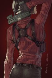 Rule 34 | 1girl, ada wong, arm behind head, arm up, ass, belt, black gloves, black hair, black pants, commentary, english commentary, ericson blum, fingerless gloves, flat ass, fn five-seven, from behind, gloves, gun, handgun, highres, holding, holding gun, holding weapon, holster, laser sight, lips, pants, pdw-caliber pistol, pistol, red background, red sweater, resident evil, resident evil 4, resident evil 4 (remake), ribbed sweater, short hair, shoulder holster, solo, sweater, trigger discipline, turtleneck, turtleneck sweater, weapon