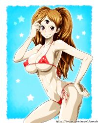 Rule 34 | 1girl, ass, bare legs, bare shoulders, bikini, blush, border, breasts, brown eyes, brown hair, charlotte pudding, cowboy shot, fingernails, gradient background, hand on own hip, highres, large breasts, long hair, looking at viewer, navel, nel-zel formula, one piece, red bikini, shiny skin, side-tie bikini bottom, simple background, smile, solo, swimsuit, thighs, third eye, thong, thong bikini, twintails, twitter username, very long hair, white border