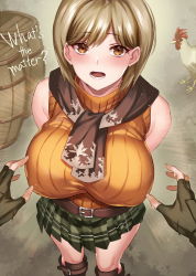 Rule 34 | 1girl, age difference, ashley graham, barrel, belt, bird, blonde hair, blouse, bob cut, boots, breasts, capcom, chicken, commentary, english text, highres, hikari (komitiookami), impending grope, large breasts, legs, leon s. kennedy, looking at viewer, open mouth, orange shirt, pale skin, pleated skirt, resident evil, resident evil 4, ribbed sweater, scarf, shirt, skirt, sleeveless, sleeveless sweater, speed lines, sweater, talking, thighs, yellow eyes