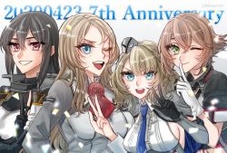 Rule 34 | 4girls, anniversary, black gloves, black hair, blonde hair, blue eyes, blue neckwear, braid, breasts, brown hair, colorado (kancolle), dated, finger to mouth, flower, garrison cap, gloves, green eyes, grey headwear, hat, index finger raised, kantai collection, long hair, machi (ritovoyage), multiple girls, mutsu (kancolle), nagato (kancolle), necktie, nelson (kancolle), one eye closed, open mouth, partially fingerless gloves, purple eyes, red flower, red neckwear, red rose, rose, short hair, smile, twitter username, upper body, v, white gloves