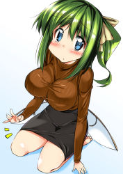 Rule 34 | 1girl, ase (nigesapo), black skirt, blue eyes, blush, breasts, brown sweater, daiyousei, fairy wings, green hair, highres, lap pillow, large breasts, long hair, long sleeves, low wings, miniskirt, pencil skirt, ribbed sweater, seiza, side ponytail, sitting, skirt, sweater, taut clothes, touhou, wings
