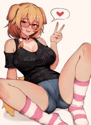 Rule 34 | 1girl, :d, alternate hair color, animal ears, bare shoulders, black choker, black shirt, blonde hair, breasts, choker, cleavage, clothing cutout, denim, denim shorts, dog ears, dog tail, extra ears, glasses, hair between eyes, hair ornament, hand up, heart, highres, hololive, inugami korone, inugami korone (loungewear), large breasts, long hair, no shoes, o-ring, o-ring choker, open mouth, pom pom (clothes), pom pom hair ornament, print shirt, red eyes, red nails, shirt, short shorts, short sleeves, shorts, shoulder cutout, simple background, sitting, smile, socks, solo, spoken heart, spread legs, striped clothes, striped socks, tail, tan, tanline, v, varniskarnis, virtual youtuber, white background