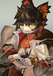 Rule 34 | 1boy, aak (arknights), animal ear piercing, animal ears, arknights, black hair, black nails, braid, chinese clothes, colored sclera, eyeshadow, fang, furry, furry male, grey background, grin, gun, hair over one eye, highres, holding, holding gun, holding weapon, jacket, kuro dora, long sleeves, makeup, mandarin collar, open clothes, open jacket, orange shirt, red eyeshadow, see-through, see-through sleeves, shirt, short hair, smile, solo, upper body, weapon, white-framed eyewear, yellow sclera