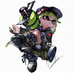 .52_gal_(splatoon) 1girl :&lt; badge baseball_cap black_footwear black_hat black_jacket black_shorts blunt_bangs boots button_badge closed_mouth commentary_request dolphin_shorts full_body green_hair hat highres holding holding_weapon ink_tank_(splatoon) inkling inkling_girl inkling_player_character jacket knee_up long_hair long_sleeves mhxbump nintendo pink_eyes pointy_ears shorts signature simple_background solo splatoon_(series) tentacle_hair weapon white_background