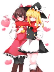 Rule 34 | 2girls, ;d, ^ ^, apron, bad id, bad twitter id, blonde hair, blouse, blush, boots, bow, braid, brown hair, closed eyes, commentary, detached sleeves, closed eyes, frilled skirt, frills, hair bow, hair ribbon, hair tubes, hakurei reimu, hat, hat bow, hat ribbon, highres, hiyorinrin, kirisame marisa, large bow, long hair, long sleeves, medium hair, miniskirt, multiple girls, one eye closed, open mouth, pantyhose, red eyes, ribbon, ribbon-trimmed sleeves, ribbon trim, scarf, shared clothes, shared hat, shared scarf, shirt, side braid, single braid, skirt, skirt set, smile, touhou, vest, waist apron, wide sleeves, witch hat, yuri