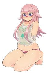 Rule 34 | 1girl, animal ears, arms behind back, bare legs, bare shoulders, barefoot, blue eyes, blush, bound, breasts, closed mouth, commentary request, copyright request, full body, harau, highres, kneeling, navel, over-rim eyewear, panties, pink-framed eyewear, pink hair, red panties, semi-rimless eyewear, shirt, simple background, skin tight, small breasts, solo, striped clothes, striped panties, sweatdrop, tied up, toenails, underwear, white background