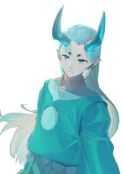Rule 34 | 1boy, aqua eyes, aqua horns, expressionless, gihuta hiroshi, highres, horns, long hair, long sleeves, looking at viewer, luo xiaohei zhanji, male focus, pale skin, pointy ears, simple background, solo, translucent horns, white background, xuhuai (the legend of luoxiaohei)