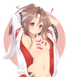 Rule 34 | !, 10s, 1girl, adjusting hair, areola slip, armpits, arms up, blush, breasts, brown eyes, brown hair, convenient censoring, hachimaki, headband, high ponytail, japanese clothes, kantai collection, kimono, long hair, looking at viewer, mouth hold, naked kimono, navel, open clothes, open kimono, out-of-frame censoring, ponytail, shishamo (wa37485 0529), small breasts, solo, zuihou (kancolle)