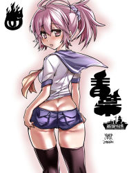 Rule 34 | 10s, 1girl, aoba (kancolle), ass, bad id, bad nicoseiga id, blush, breasts, butt crack, from behind, kantai collection, long hair, looking at viewer, looking back, neckerchief, open mouth, personification, pink eyes, pink hair, ponytail, school uniform, scrunchie, serafuku, short shorts, shorts, sideboob, smile, solo, thighhighs, tokita monta