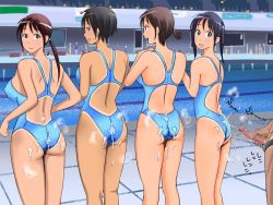 Rule 34 | 1boy, 4girls, ass, bare shoulders, black hair, brown hair, censored, cum, cum on ass, ejaculation, exhibitionism, long hair, looking back, majime club, masturbation, multiple girls, out of frame, penis, public indecency, smile, swimsuit, take your pick, trembling