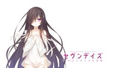 Rule 34 | 1girl, bandage over one eye, bare shoulders, black hair, blush, character request, closed mouth, collarbone, copyright name, english text, eyebrows, hair over one eye, hands on own chest, highres, long hair, looking at viewer, miko (royal milk), off shoulder, official art, official wallpaper, own hands together, pink eyes, seven days ~anata to sugosu nanokakan~, shirt, sleeves past wrists, smile, solo, strap slip, very long hair, wallpaper, white background, white shirt