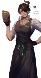 Rule 34 | 1boy, akaie11, apron, aragami oga, black apron, black gloves, black pants, black vest, brown hair, collared shirt, cowboy shot, dark-skinned male, dark skin, earrings, emoji, eyepatch, gloves, green eyes, grey shirt, grin, hand on own hip, holding, holding menu, holostars, horns, jewelry, looking at viewer, male focus, menu, mixed-language text, name tag, official alternate costume, open collar, pants, pectoral cleavage, pectorals, sharp teeth, shirt, short hair, simple background, single earring, single horn, sleeves rolled up, smile, solo, teeth, vest, virtual youtuber, waist apron, waiter, white background