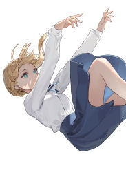 Rule 34 | 1girl, absurdres, arms up, artoria pendragon (all), artoria pendragon (fate), bare legs, blonde hair, blouse, braid, cotta (heleif), dress, falling, fate/grand order, fate/stay night, fate (series), green eyes, highres, looking up, open mouth, ribbon, saber (fate), shirt, simple background, solo, white background