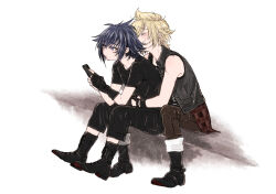 Rule 34 | 2boys, black footwear, black gloves, black hair, black jacket, black pants, black shirt, black tank top, blonde hair, blue eyes, blush, boots, brown pants, cellphone, closed eyes, closed mouth, commentary request, expressionless, final fantasy, final fantasy xv, full body, gedougawa, gloves, hair between eyes, holding, holding phone, hug, hug from behind, jacket, leather, leather jacket, long bangs, male focus, multiple boys, noctis lucis caelum, pants, phone, prompto argentum, shirt, short sleeves, simple background, sleeveless, sleeveless jacket, smartphone, smile, standing, tank top, thighhighs, white background, yaoi