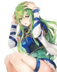 Rule 34 | 1girl, absurdres, armor, belt, blue armor, blush, breastplate, detached sleeves, embarrassed, fire emblem, fire emblem: path of radiance, green eyes, green hair, hands on own head, highres, kokouno oyazi, long hair, long sleeves, looking at viewer, nephenee, nintendo, no headwear, no headwear, no legwear, simple background, skirt, solo, thigh strap, thighs, wavy mouth, white background, white skirt