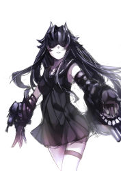 Rule 34 | 10s, 1girl, absurdres, abyssal ship, bare shoulders, black dress, black gloves, black hair, blindfold, bright background, cannon, colored skin, covered eyes, dress, elbow gloves, gloves, highres, horns, kantai collection, light cruiser princess, long hair, looking at viewer, mask, pale skin, parted bangs, simple background, solo, teeth, turret, white background, white skin, yan wen zi