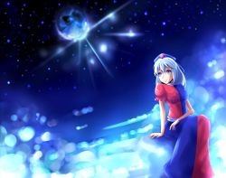 Rule 34 | 1girl, amakan!, bad id, bad pixiv id, blue eyes, cloud, female focus, hat, highres, long hair, nurse cap, outdoors, silver hair, sitting, sky, solo, star (sky), starry sky, touhou, yagokoro eirin