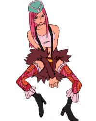 Rule 34 | 1girl, anti-eyebrow piercing, aqua hat, baby-law, black footwear, boots, closed mouth, coat, commentary, crop top, english commentary, eyelashes, fur coat, hat, high heels, highres, invisible chair, jewelry bonney, long hair, looking at viewer, one piece, piercing, red lips, short shorts, shorts, simple background, sitting, solo, suspenders, thighhighs, white background