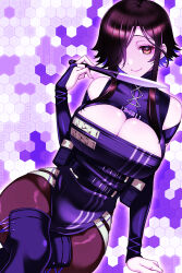Rule 34 | 1girl, absurdres, bare shoulders, belt, belt pouch, black belt, black hair, breasts, center opening, chest belt, cleavage, cleavage cutout, clothing cutout, hair over one eye, highres, holding, holding knife, holding weapon, jewelry, katana, knife, koishikawa, large breasts, looking at viewer, multicolored hair, nijisanji, official alternate costume, official alternate hairstyle, orange eyes, pouch, scabbard, sheath, sheathed, shirayuki tomoe, shirayuki tomoe (10th costume), short hair, sidelocks, solo, sword, virtual youtuber, weapon