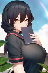 Rule 34 | 1girl, black hair, black sailor collar, black shirt, breasts, cloud, commentary, covered mouth, covering own mouth, hair between eyes, heart, highres, holding, holding notebook, large breasts, leaf, looking at viewer, medium hair, notebook, orange eyes, original, plant, sailor collar, sailor shirt, shirt, shooting star, short sleeves, sky, solo, star (sky), starry sky, symbol-only commentary, upper body, xiaodi