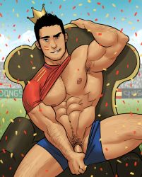 Rule 34 | 1boy, black hair, confetti, crowd, crown, dongsaeng, looking at viewer, male focus, muscular, party, penis, pubic hair, public indecency, short hair, solo focus, spain, spanish flag, tagme, undressing, yaoi