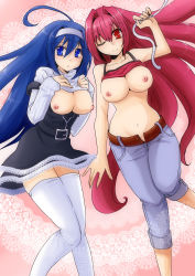 Rule 34 | 2girls, ;), absurdres, ahoge, bare shoulders, belt, blue eyes, blue hair, breasts, breasts out, clothes lift, denim, dress, hair down, hair intakes, hairband, highres, huge ahoge, jeans, large breasts, long hair, midriff, multiple girls, navel, nipples, no bra, one eye closed, open fly, open mouth, orie ballardiae harada, pants, pants rolled up, pink background, pink hair, purple hair, red eyes, ribbed sweater, ribbon, shirt lift, smile, spaghetti strap, sweater, takanon (nekomaruya), tank top, thighhighs, turtleneck, under night in-birth, unzipped, very long hair, white legwear, yuzuriha (under night in-birth), zettai ryouiki