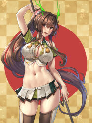 Rule 34 | 1girl, alternate costume, blush, breasts, brown hair, checkered background, cleavage cutout, clothing cutout, cosplay, dragon horns, energy horns, highres, horns, kantai collection, kokuzou, large breasts, long hair, looking at viewer, multicolored clothes, multicolored skirt, navel, open mouth, pink eyes, ponytail, rising sun flag, skirt, solo, staff, sunburst, thighhighs, toned, unryuu (kancolle), unryuu (kancolle) (cosplay), very long hair, yamato (kancolle)