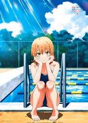 Rule 34 | 1girl, bare legs, bare shoulders, barefoot, black hair, blue eyes, breasts, competition school swimsuit, copyright name, covered navel, hands on own cheeks, hands on own face, highres, isshiki iroha, long hair, looking at viewer, medium breasts, official art, one-piece swimsuit, orange hair, pool, poolside, school swimsuit, solo, squatting, swimsuit, thighs, wet, yahari ore no seishun lovecome wa machigatteiru., yellow eyes