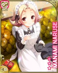 Rule 34 | 1girl, ahoge, apron, black bow, black dress, blonde hair, bow, breasts, brown eyes, card (medium), character name, closed mouth, couch, day, dress, girlfriend (kari), indoors, maid, maid apron, maid headdress, mansion, naruse mamami, needle, official art, qp:flapper, sewing, sewing needle, sitting, small breasts, smile, tagme, white apron, white headwear