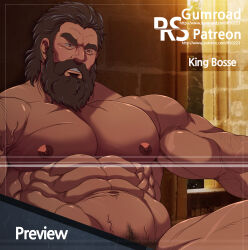 Rule 34 | 1boy, abs, bara, beard, bosse (ousama ranking), completely nude, connected beard, dark-skinned male, dark skin, facial hair, flexing pectorals, full beard, highres, huge eyebrows, large pectorals, long beard, looking down, male focus, male pubic hair, mature male, muscular, muscular male, navel, nipples, nude, old, old man, ousama ranking, out-of-frame censoring, paid reward available, pectorals, pubic hair, ryans, short hair, sitting, solo, spread legs, stomach, thick beard, thick mustache, thighs, throne, veins, veiny arms, veiny crotch, wide spread legs, wrinkled skin