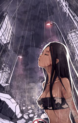 Rule 34 | 1girl, bad id, bad pixiv id, black hair, blood, blood stain, bra, breasts, cleavage, closed eyes, cottan, cotton (cottontan), lamppost, large breasts, lingerie, long hair, looking up, original, rain, rubble, ruins, sign, solo, underwear, wet
