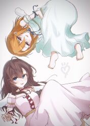 Rule 34 | 2girls, ahoge, alternate costume, angel, angel wings, arm ribbon, bare shoulders, barefoot, bent over, blue eyes, blue ribbon, breasts, brown eyes, brown hair, child, closed mouth, detached sleeves, dot nose, dress, feet, flat chest, frilled dress, frilled sleeves, frills, full body, hair between eyes, heart, highres, ichinose shiki, idolmaster, idolmaster cinderella girls, knees up, light blush, long bangs, long dress, long hair, looking at viewer, medium breasts, multiple girls, neck ribbon, orange hair, pink dress, pink sleeves, red ribbon, ribbon, sekiyama (allp ollo), sidelocks, simple background, sleeveless, sleeveless dress, straight hair, strapless, strapless dress, tongue, tongue out, upside-down, white background, white dress, white sleeves, wings, yuuki haru