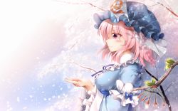 Rule 34 | 1girl, belt, blue belt, blue bow, blue bowtie, blue dress, blue hat, blue kimono, blue sky, blue sleeves, blush, bow, bowtie, breasts, cherry blossoms, closed mouth, collar, collared dress, dress, eyes visible through hair, hair between eyes, hands up, hat, highres, japanese clothes, kimono, leaf, long sleeves, looking to the side, marukyuu ameya, medium breasts, mob cap, pink eyes, pink hair, saigyouji yuyuko, short hair, sky, smile, solo, touhou, tree, triangular headpiece, wide sleeves