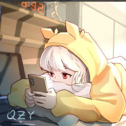 Rule 34 | 1girl, arknights, cellphone, clock, commentary request, digital clock, eyebrows hidden by hair, figure, holding, holding phone, hood, hood up, hooded jacket, indoors, jacket, long sleeves, looking away, lying, on stomach, phone, pillow, puffy long sleeves, puffy sleeves, red eyes, solo, weedy (arknights), white hair, yellow jacket, ziyuzikongfang