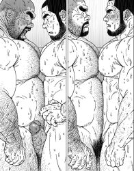 Rule 34 | 2boys, abs, bara, beard, beard stubble, blush, chest hair, completely nude, couple, excessive pubic hair, eye contact, facial hair, from side, full-face blush, full beard, greyscale, hairy, hand hair, huge eyebrows, jiraiya (mangaka), knuckle hair, large pectorals, looking at another, male focus, male pubic hair, mature male, monochrome, multiple boys, muscular, muscular male, navel, navel hair, nipple hair, nipples, nude, original, pectoral docking, pectoral press, pectorals, profile, pubic hair, shy, stubble, thick arm hair, thick eyebrows, thick leg hair, thick thighs, thighs, uncensored, v-shaped eyebrows, very hairy, yaoi