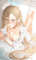 Rule 34 | 1girl, blue archive, blue eyes, breasts, cleavage, haruri, highres, large breasts, light brown hair, long hair, looking at viewer, open mouth, shirt, smile, solo, white shirt