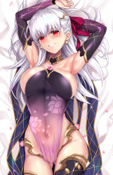 Rule 34 | 1girl, arm behind head, armlet, armpits, arms up, bare shoulders, blush, breasts, circlet, collar, covered navel, detached sleeves, dress, earrings, fate/grand order, fate (series), floral print, gluteal fold, grin, hair ribbon, highres, jewelry, kama (fate), kama (second ascension) (fate), large breasts, long hair, looking at viewer, lying, metal collar, on back, pelvic curtain, purple dress, purple ribbon, purple sleeves, purple thighhighs, red eyes, ribbon, sideboob, silver hair, smile, solo, thighhighs, thighlet, thighs, untue
