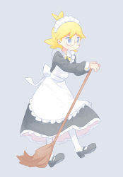 Rule 34 | 1boy, ahoge, akasaka (qv92612), alternate costume, apron, blonde hair, broom, buttons, clemont (pokemon), closed mouth, commentary request, creatures (company), dress, enmaided, frills, game freak, glasses, grey background, grey eyes, highres, holding, holding broom, long sleeves, maid, maid headdress, male focus, neck ribbon, nintendo, pantyhose, pokemon, pokemon xy, ribbon, shoes, solo, white apron, white pantyhose, yellow ribbon