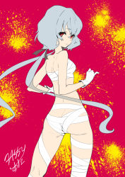 Rule 34 | 10s, 1girl, ass, back, bandages, bare arms, bare shoulders, black ribbon, breasts, bright pupils, contrapposto, from behind, gloves, grey hair, hair ribbon, hassystants, highres, konno junko, legs apart, long hair, looking at viewer, looking back, low twintails, naked bandage, parted lips, red eyes, ribbon, signature, small breasts, solo, standing, twintails, two-tone background, very long hair, white gloves, zombie land saga