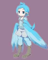 Rule 34 | 12 (nekotank), 1girl, blue eyes, blue hair, feathered wings, female focus, harpy, monster girl, personification, pointy ears, purple background, short hair, shorts, simple background, solo, standing, twitter, wings