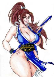 Rule 34 | 1girl, alternate color, bare shoulders, breasts, brow, brown eyes, brown hair, cleavage, curvy, fatal fury, female focus, hand fan, hand on own hip, highres, holding, holding fan, julio-leo, large breasts, lips, long hair, looking at viewer, matching hair/eyes, ninja, panties, parted lips, ponytail, shiranui mai, sideboob, sleeveless, solo, the king of fighters, thick thighs, thighs, traditional media, underwear, wide hips