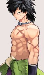 Rule 34 | 1boy, absurdres, black hair, broly (dragon ball super), closed mouth, cowboy shot, dragon ball, dragonball z, from side, fur trim, grey background, highres, male focus, medium hair, muscular, muscular male, serious, simple background, topless male, v-shaped eyebrows, yoshio (55level)