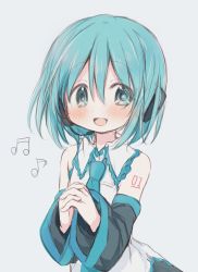 Rule 34 | 1girl, absurdres, aqua eyes, aqua hair, aqua necktie, bare shoulders, beamed eighth notes, black skirt, black sleeves, detached sleeves, eighth note, grey background, hatsune miku, headphones, headset, highres, hitode, musical note, necktie, own hands together, shirt, shoulder tattoo, simple background, skirt, sleeveless, sleeveless shirt, solo, tattoo, upper body, vocaloid, white shirt