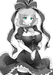 Rule 34 | 1girl, adapted costume, arm ribbon, breasts, cleavage, dress, female focus, frilled dress, frilled ribbon, frills, green eyes, hair ribbon, highres, hip focus, impossible clothes, impossible dress, kagiyama hina, large breasts, long hair, looking at viewer, monochrome, open mouth, own hands together, puffy short sleeves, puffy sleeves, raptor7, ribbon, short sleeves, simple background, smile, solo, spot color, thighhighs, thighs, touhou