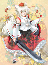 Rule 34 | 1girl, animal ears, bare shoulders, breasts, detached sleeves, geta, hat, highres, inubashiri momiji, leaf, looking at viewer, looking up, pom pom (clothes), red eyes, ribbon-trimmed sleeves, ribbon trim, shield, short hair, silver hair, solo, sword, tail, tokin hat, touhou, waka (negronoir), weapon, wolf ears, wolf tail