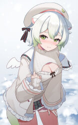 1girl animal_ears bent_over beret breasts cleavage cleavage_cutout clothing_cutout coat ferret ferret_ears ferret_girl ferret_tail food fruit gradient_hair green_eyes green_hair hair_ribbon hat highres indie_virtual_youtuber jacket jacket_partially_removed kitatyoco laimu_(vtuber) light_smile lime_(fruit) lime_slice long_sleeves mini_wings miniskirt multicolored_hair open_clothes open_jacket plaid_clothes plaid_skirt ribbon skirt smile snow solo squinting sweater tail thighhighs two-tone_hair vinesauce white_background white_hair wings winter_clothes winter_coat winter_uniform